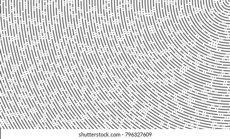 Abstract dynamic background with dash dotted parallel lines. Vector illustration. Creative pattern with black circular elements on white. Universal modern design. Evenly increasing radius of segments.