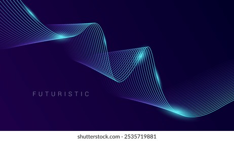 Abstract dynamic background with shining wavy lines gradient blue and purple. Wave line background on dark blue background. Future technology concept