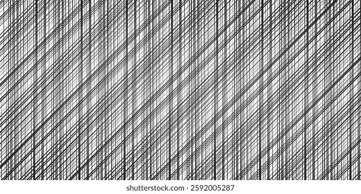 Abstract Dynamic bisect stripes geometric pattern. Diagonal hatchwork lines that criss cross in cool artsy textured black background design. Grating, trellis, lattice texture. EPS vector illustration