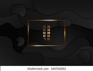 Abstract dynamic black wavy, fluid shape on dark background with golden rectangle frame. Vector illustration