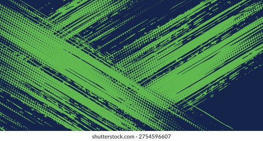 Abstract dynamic brush strokes background, lime green and navy blue grunge paint texture, energetic diagonal lines for sports design, racing, and urban poster.
