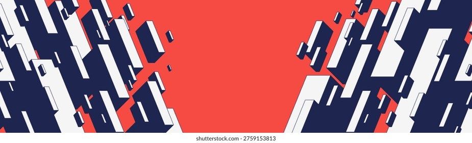 Abstract dynamic brutalist composition with isometric blocks falling from the corners, Contemporary Red and Navy blue pattern with flying 3D rectangular shapes, geometric postmodern background