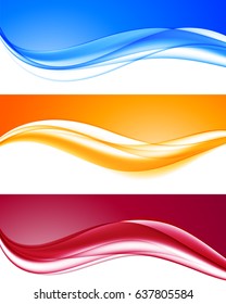 Abstract dynamic colorful wavy backgrounds set with blue orange red curved lines in elegant smooth style. Vector illustration