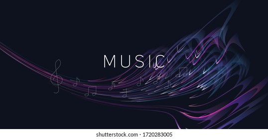 Abstract dynamic composition of melody or music made of of bright lines with notes and violin clef, symphony art poster