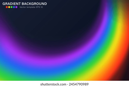 Abstract dynamic dark blue background with blurred bright rainbow gradient curve. Template of wallpaper for desktop, website page, advertising. Wavy neon colorful spectrum backdrop cover. Pride month