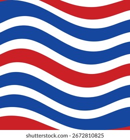 Um design abstrato e dinâmico com listras onduladas fluindo nas cores patrióticas de vermelho, branco e azul, evocando uma sensação de movimento e energia.