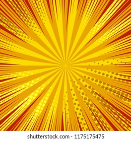 Abstract dynamic explosive orange background with rays radial and dots humor effects in comic style. Vector illustration