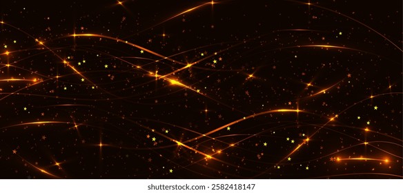 Abstract dynamic fiery fire flare lines and waves. Fiery flares with motion effect, lens flares. Stardust effect with shining particles on dark background.