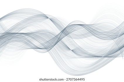 Fondo de líneas de onda fluidas dinámicas Abstractas en tonos azules y blancos apagados fríos. Elementos curvos suaves para tecnología, sonido o visualización de datos.