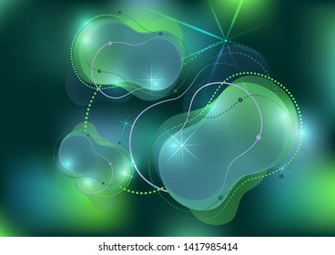 Abstract dynamic fluid against a bright gradient mesh. Liquid dynamics with forms and elements. Vector futuristic background for your design.