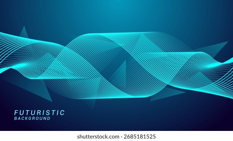 Abstract dynamic glowing line waves on a dark blue background. Futuristic technology background design template for presentations, posters, banners, and wallpapers.