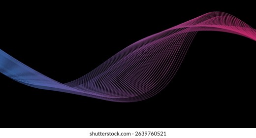Abstract dynamic gradient sound wave isolated on black background. Musical particle pulsing. Energy flow concept. Design element.