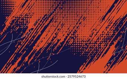 Abstract Dynamic Halftone and Brushstrokes Texture in Deep Blue and Vibrant Orange with Diagonal Motion and Linear Elements