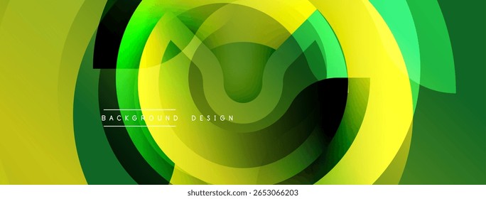 Abstract dynamic lines create modern background. Yellow, green hues blend, forming circular shapes. Minimalist design evokes energy, flow.