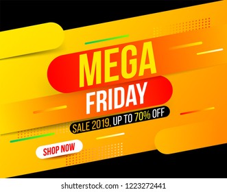 Abstract dynamic Mega Friday banner in bright yellow gradient color for special offers, sales and discounts. 70 percent off