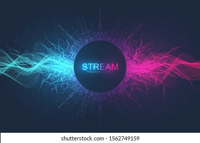 Abstract dynamic motion lines and dots background with colorful particles. Digital streaming background, wave flow. Plexus stream background. Technology vector illustration