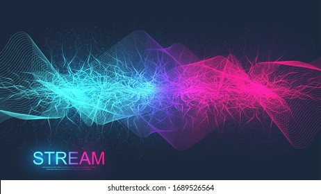 Recorte de líneas de movimiento dinámico y fondo de puntos con partículas coloridas. Fondo de transmisión digital, flujo de onda. Fondo de flujo de plexus. Ilustración vectorial de la tecnología