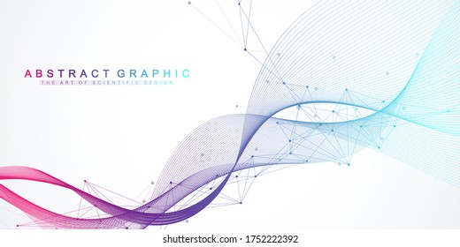 Resumen de líneas de movimiento dinámico y fondo de puntos con partículas coloridas. Fondo de streaming digital, flujo de ondas. Fondo del flujo de plexus. Ilustración vectorial de tecnología