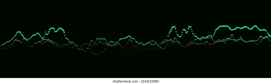 Resumen de la onda musical dinámica. Antecedentes tecnológicos. Ecualizador de sonido con puntos verdes. Gráfico de vectores, intercambio o criptodivisa.