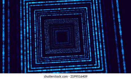 Abstract Dynamic Particle Lights Square Tunnel Background. Futuristic Cyber Portal in Virtual Reality VR. Blue Data Transfer Particle Flow. Hi Tech Vector Illustration.