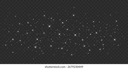 Abstractas partículas dinámicas con estrellas brillantes sobre un fondo transparente. Efecto Stardust para tu diseño. Luces brillantes voladoras para vacaciones o concepto de fantasía. Ilustración vectorial.
