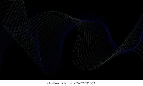 Abstract dynamic particles sound wave flowing color dots color on dark background. Dotted wave line.