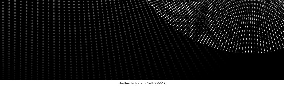 Abstract dynamic particles. Twisted gradient dots on black background. Futuristic illustration.