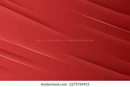 abstract dynamic red papercut diagonal stripe with gold line shadow and light background. eps10 vector