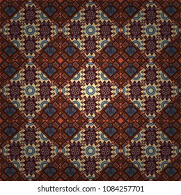 Abstract dynamic retro tiles background. Seamless grunge micro vector print. Geometric abstract mosaic seamless pattern with tiles and simple shapes in blue, yellow and brown colors for fashion.