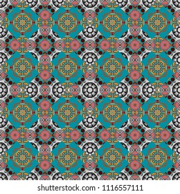Abstract dynamic retro tiles background. Seamless grunge micro raster print. Geometric abstract mosaic seamless pattern with tiles and simple shapes in blue, red and orange colors for fashion.