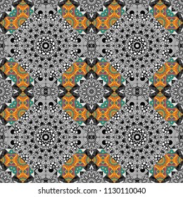 Abstract dynamic retro tiles background. Seamless grunge micro vector print. Geometric abstract mosaic seamless pattern with tiles and simple shapes in gray, black and orange colors for fashion.