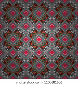 Abstract dynamic retro tiles background. Seamless grunge micro vector print. Geometric abstract mosaic seamless pattern with tiles and simple shapes in gray, red and green colors for fashion.
