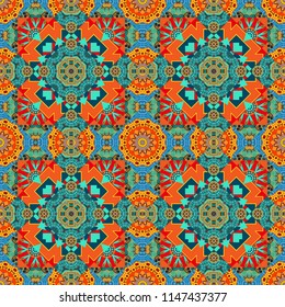 Abstract dynamic retro tiles background. Seamless micro vector print. Geometric abstract mosaic seamless pattern with tiles and simple shapes in green, blue and orange colors for fashion.