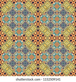 Abstract dynamic retro tiles background. Seamless grunge micro vector print. Geometric abstract mosaic seamless pattern with tiles and simple shapes in yellow, gray and green colors for fashion.