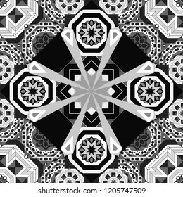 Abstract dynamic retro tiles background. Seamless grunge micro vector print. Geometric abstract mosaic seamless pattern with tiles and simple shapes in gray, black and white colors for fashion.