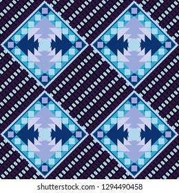 Abstract dynamic retro tiles background. Geometric abstract mosaic seamless pattern with tiles and simple shapes in blue, gray and black colors for fashion. Seamless grunge micro vector print.