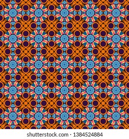 Abstract dynamic retro tiles background. Seamless grunge micro vector print. Geometric abstract mosaic seamless pattern with tiles and simple shapes in brown, blue and orange colors for fashion.