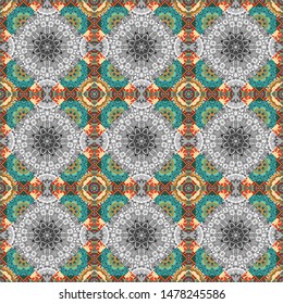 Abstract dynamic retro tiles background. Geometric abstract mosaic seamless pattern with tiles and simple shapes in green, gray and blue colors for fashion. Seamless grunge micro vector print.