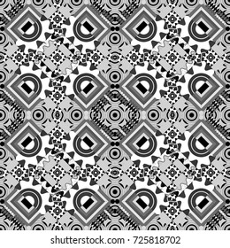 Abstract dynamic retro tiles background. Seamless grunge micro vector print. Geometric abstract mosaic seamless pattern with tiles and simple shapes in gray, black and white colors for fashion.