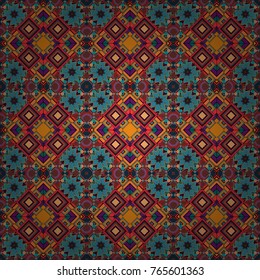 Abstract dynamic retro tiles background. Seamless grunge micro vector print. Geometric abstract mosaic seamless pattern with tiles and simple shapes in orange, brown and blue colors for fashion.