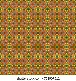 Abstract dynamic retro tiles background. Seamless grunge micro vector print. Geometric abstract mosaic seamless pattern with tiles and simple shapes in blue, brown and orange colors for fashion.