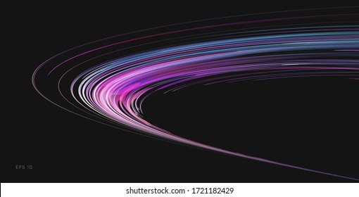 Abstract dynamic semisphere formed of blue and purple lines, speed light 3d space illusion, graphic design element