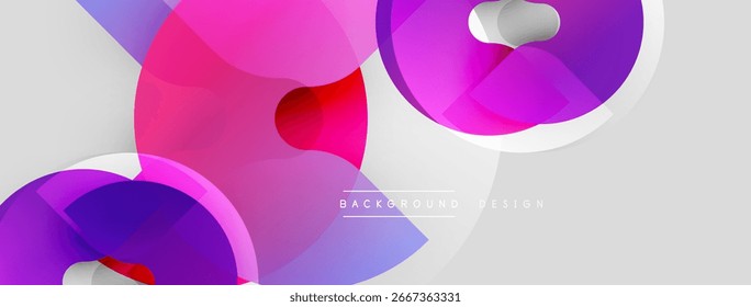 Abstract dynamic shapes, vibrant pinks, purples, white backdrop. Modern design elements create flowing visual effect.
