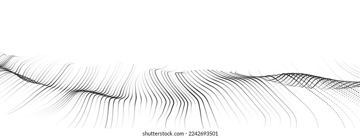 Abstract dynamic smooth wave. Sound wave concept. Futuristic particle flow on a white background. Digital impulse equalizer technology. Vector illustration.