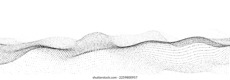  Abstract dynamic smooth wave. Sound wave concept. Futuristic particle flow on a white background. Digital impulse equalizer technology. Vector illustration.