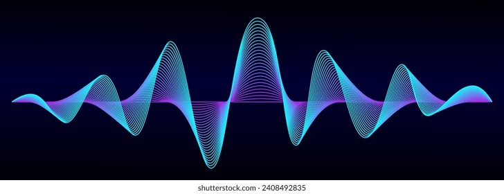 Resumen de líneas de onda de sonido dinámicas que fluyen luz azul violeta colorida aislada en el fondo negro. Ilustración del vector