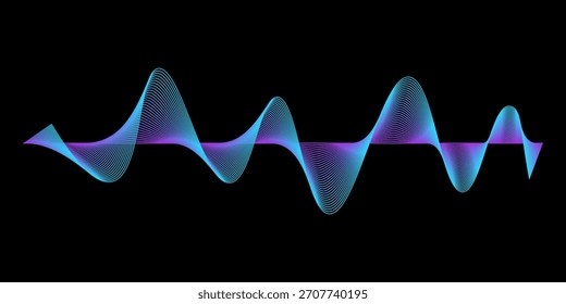 Abstract dynamic sound wave lines flowing colorful blue purple light isolated on black background. Vector illustration