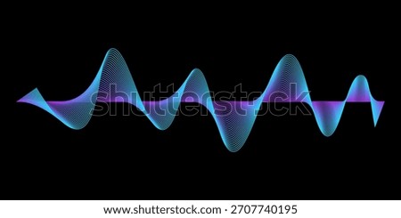 Abstract dynamic sound wave lines flowing colorful blue purple light isolated on black background. Vector illustration