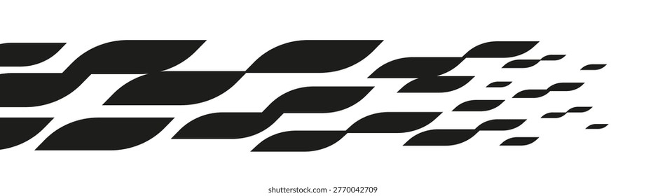 Abstract dynamic speed lines fading to the right. Black and white wavy geometric shapes. Monochrome motion vector element for racing decal, sport banner or horizontal background.