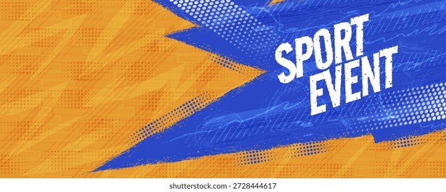 Fondo deportivo Abstractas y dinámico con Formas de pincel azul sobre fondo naranja, con patrones de relámpagos y semitonos. Diseño de Anuncio deportivo